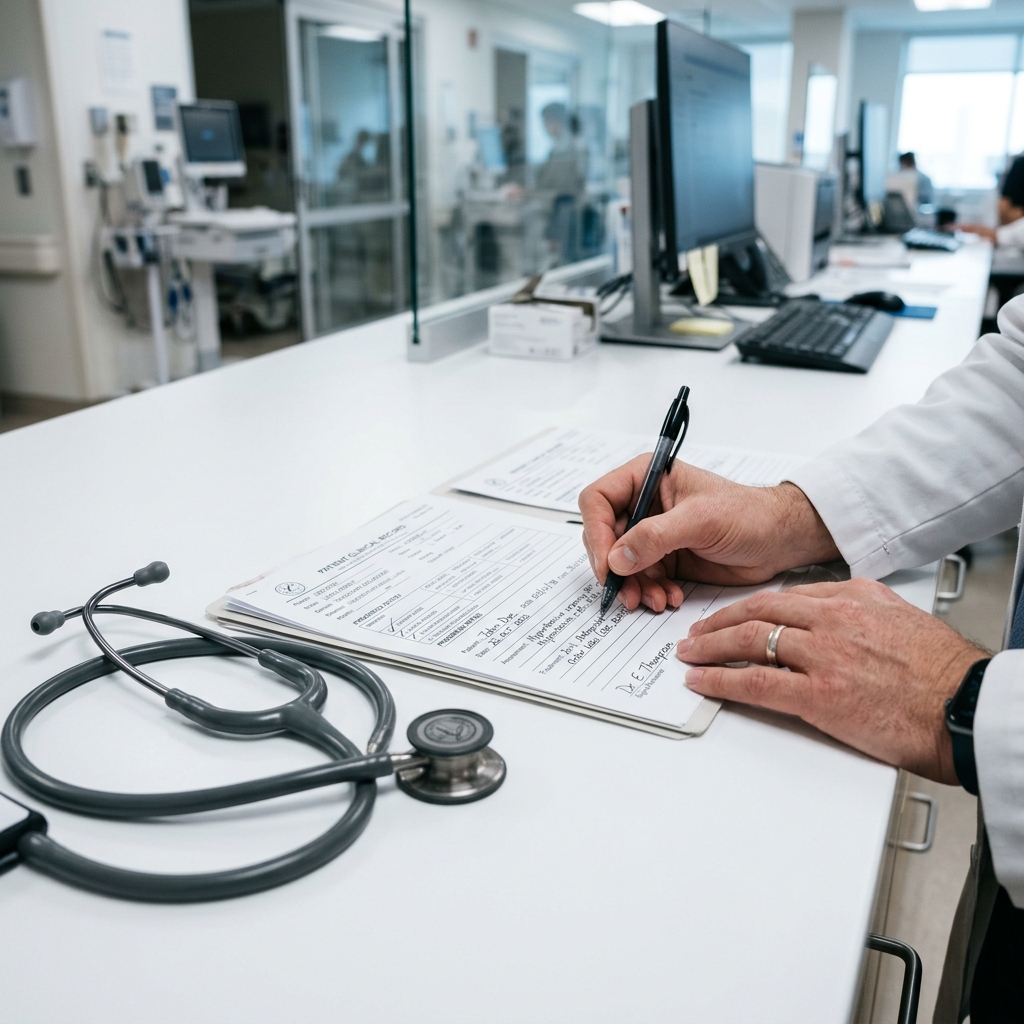 Stethoscope and medical documents on clean white clinical desk with hands holding pen