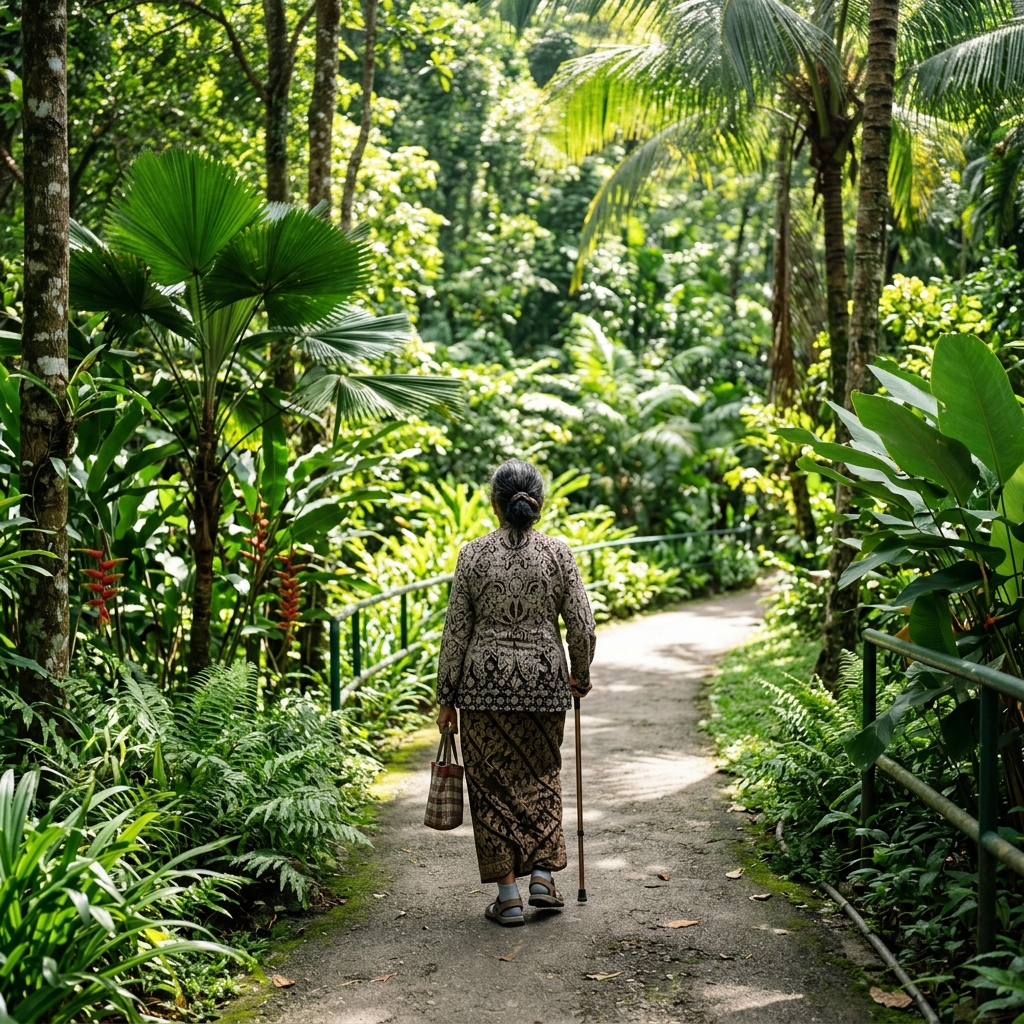 Malaysian elderly person walking outdoor in tropical nature, seen from behind