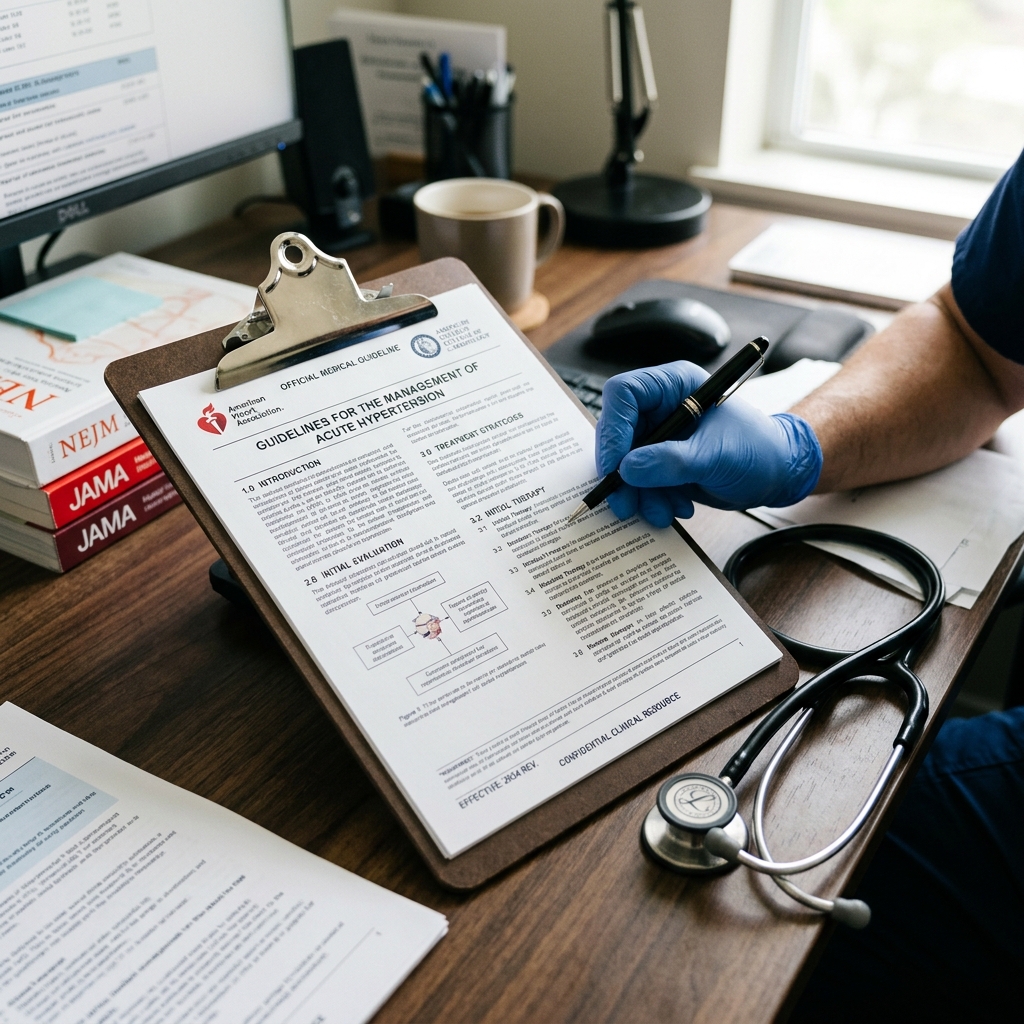 Official medical guidelines on clipboard with stethoscope on desk