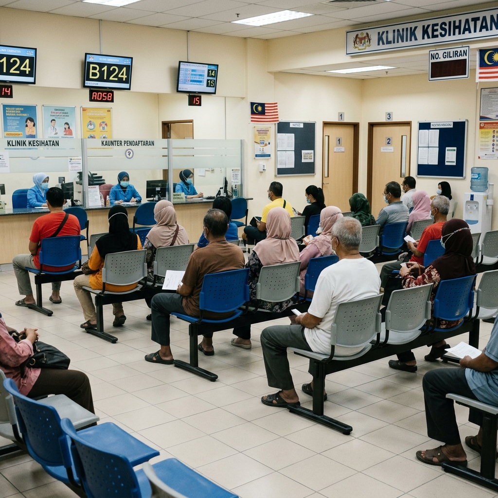 Malaysian government health clinic waiting area with patients