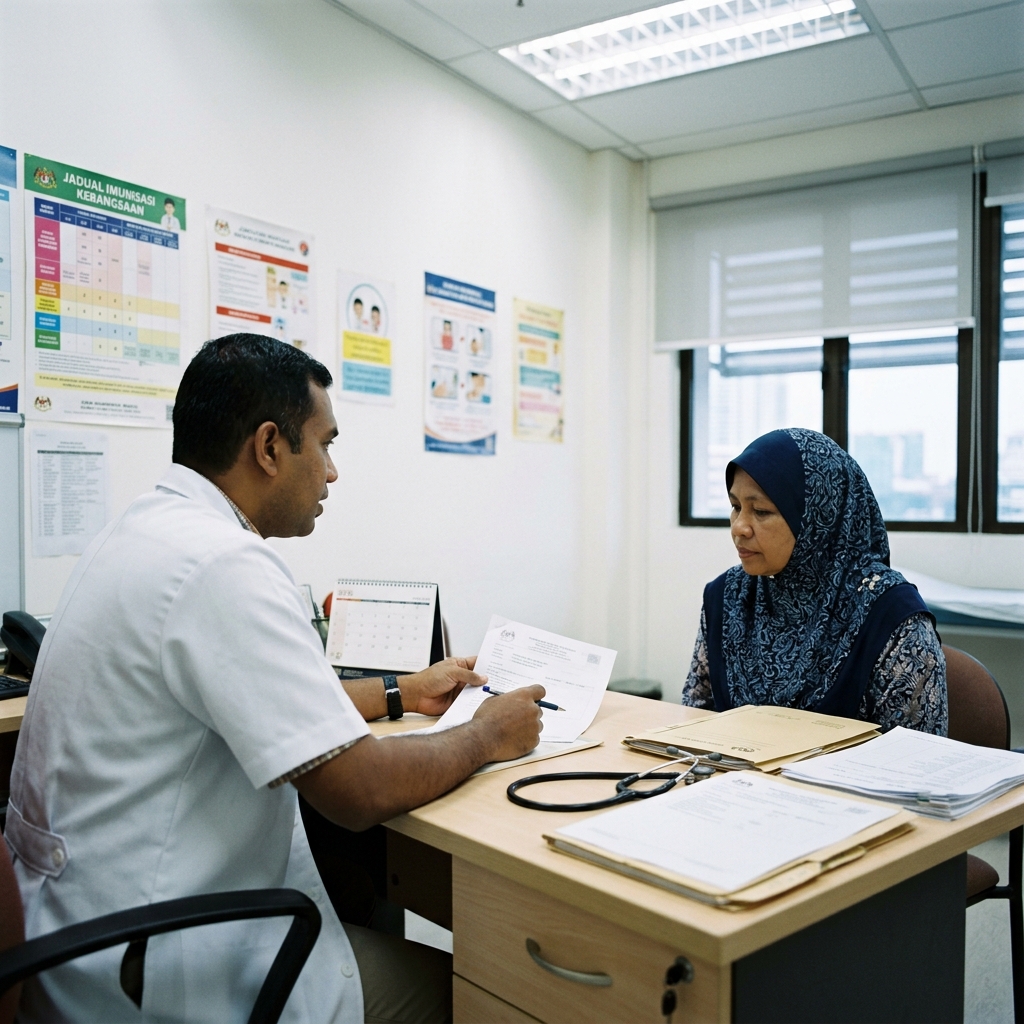 Malaysian doctor and patient consulting in clinic office